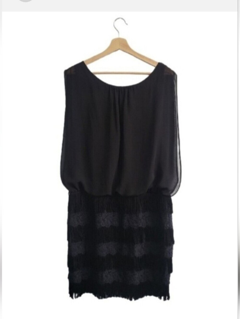 AIDAN by Aidan Mattox Black Chiffon Blouson Fringe Mini Dress Size 12 Wedding